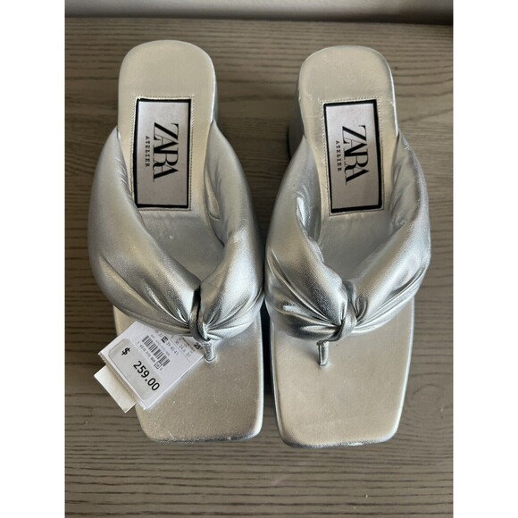 ZARA SILVER CHUNKY TOE POST LEATHER PLATFORM HEELED SANDALS Size 7.5 New - Picture 4 of 10